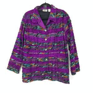Chicos Design Shirt Jacket Womens Sz 2 US L Ruffle Purple Multicolor Silk Stripe
